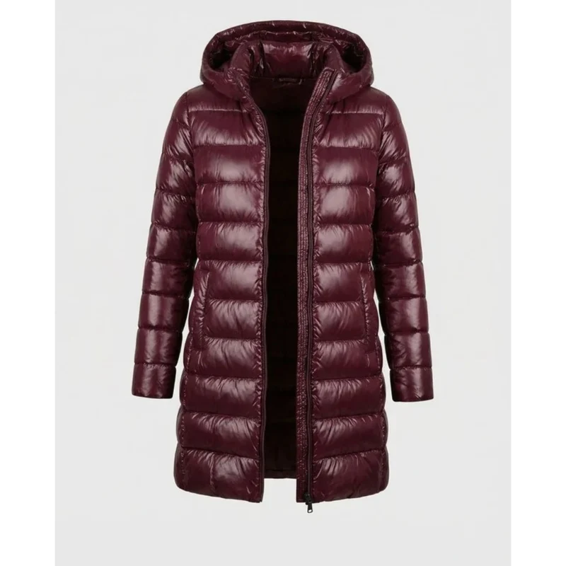 Aileen | Damen Steppjacke mit Kapuze, Reißverschluss und langer Silhouette