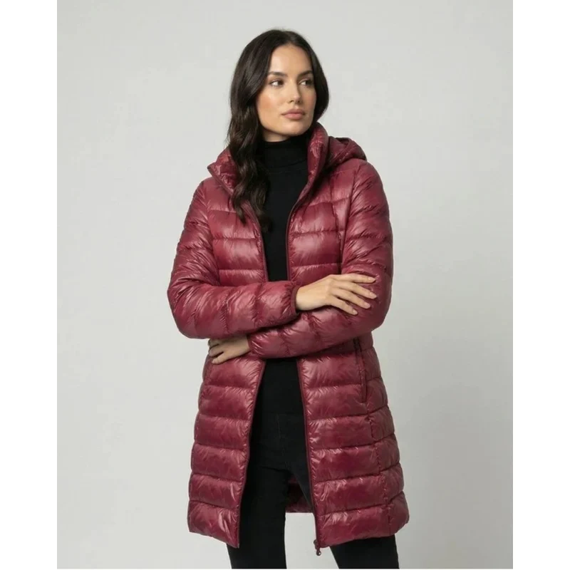 Aileen | Damen Steppjacke mit Kapuze, Reißverschluss und langer Silhouette