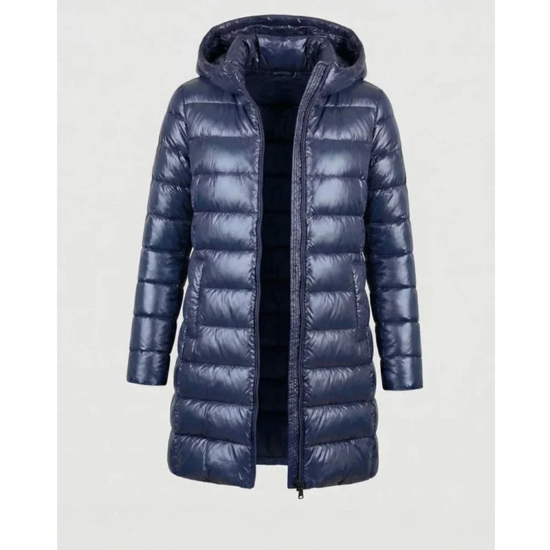 Aileen | Damen Steppjacke mit Kapuze, Reißverschluss und langer Silhouette