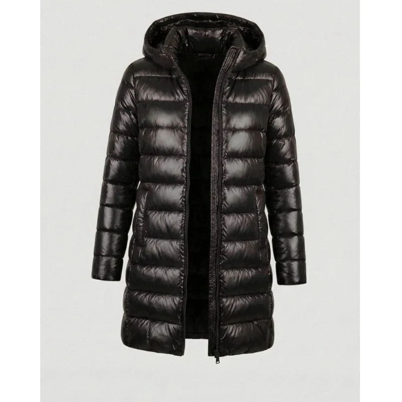 Aileen | Damen Steppjacke mit Kapuze, Reißverschluss und langer Silhouette