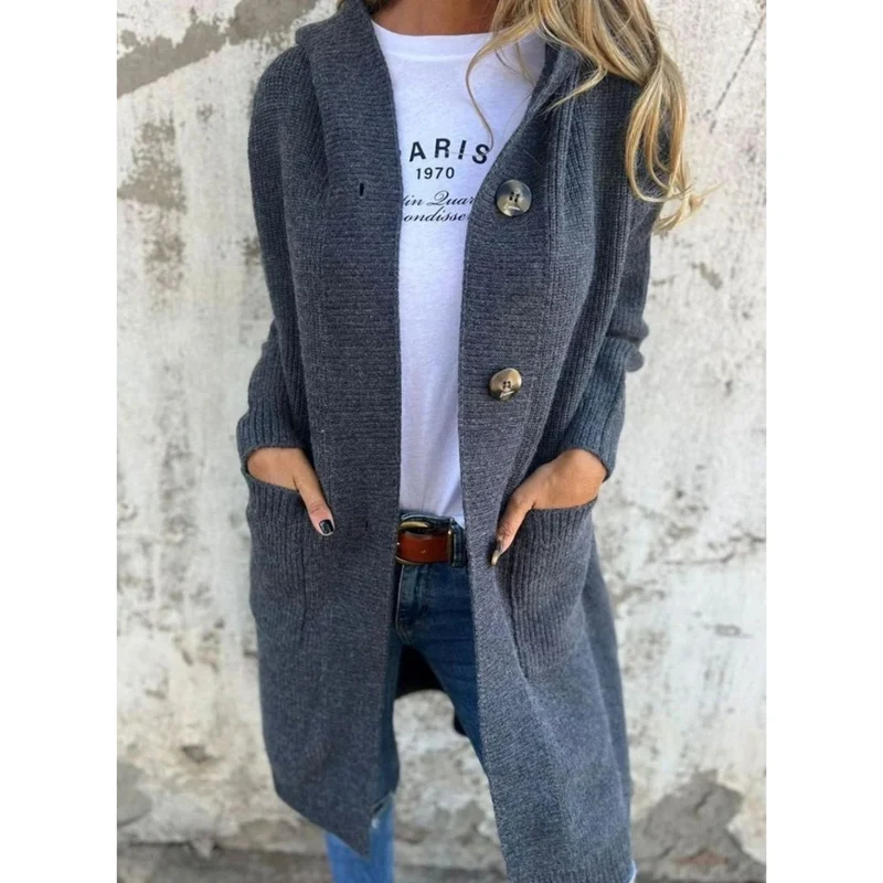 Josefine | Damen Strickjacke mit Kapuze, Knöpfen und langer Form