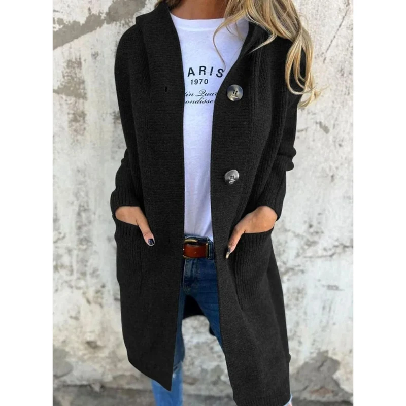 Josefine | Damen Strickjacke mit Kapuze, Knöpfen und langer Form