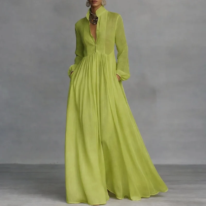Gesine | Damen Fließendes Langarm Maxikleid mit Kragen