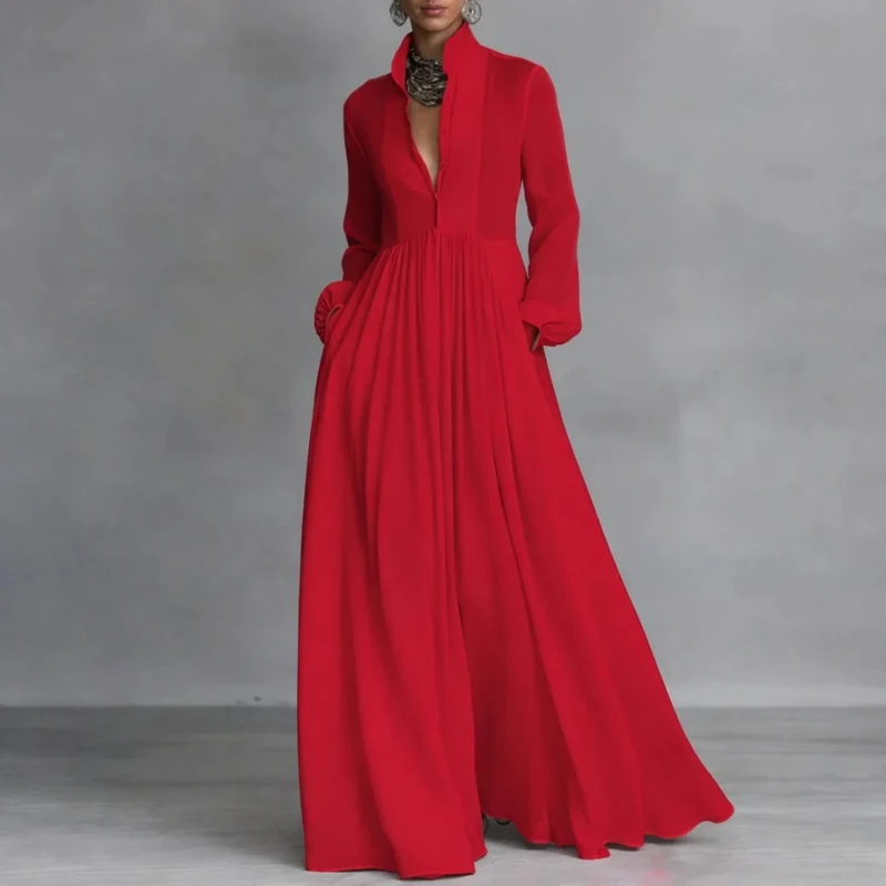 Gesine | Damen Fließendes Langarm Maxikleid mit Kragen