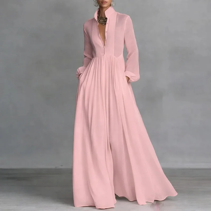 Gesine | Damen Fließendes Langarm Maxikleid mit Kragen