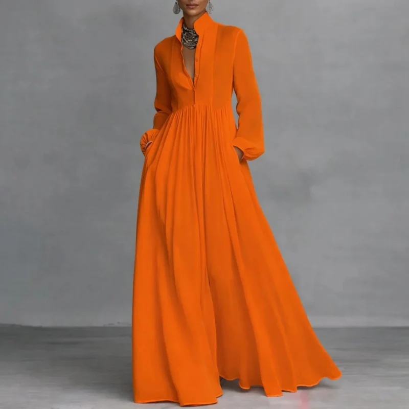 Gesine | Damen Fließendes Langarm Maxikleid mit Kragen