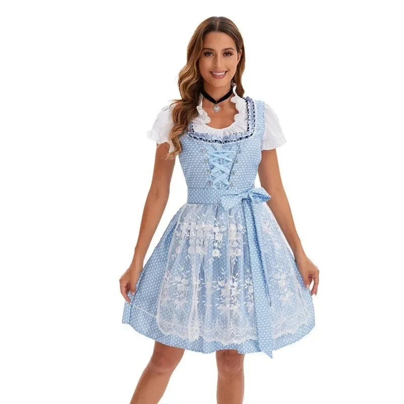 Wilhelmina | Damen Blaues Oktoberfest Dirndl Mit Weißem Oberteil Und Rock Design