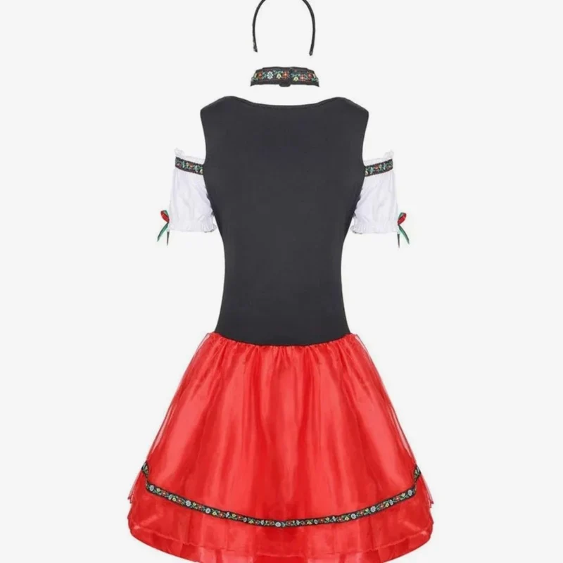 Theodora | Damen Rotes Oktoberfest Dirndl Mit Schwarzem Mieder Und Mini Rock Stil