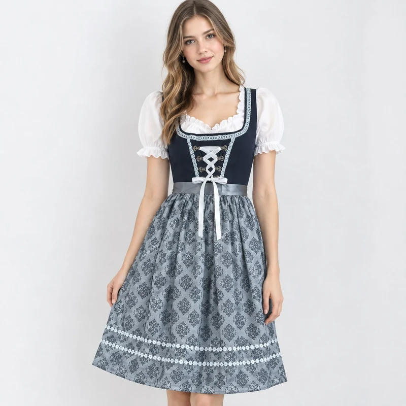 Alberta | Damen Anthrazit Oktoberfest Dirndl mit Spitzen Top und Schleifen Detail