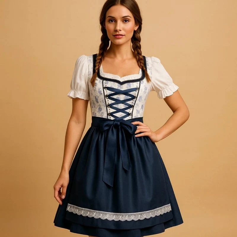 Lisbeth | Damen Blau Weiß Oktoberfest Dirndl mit Rosen Design und Schleifen Akzent