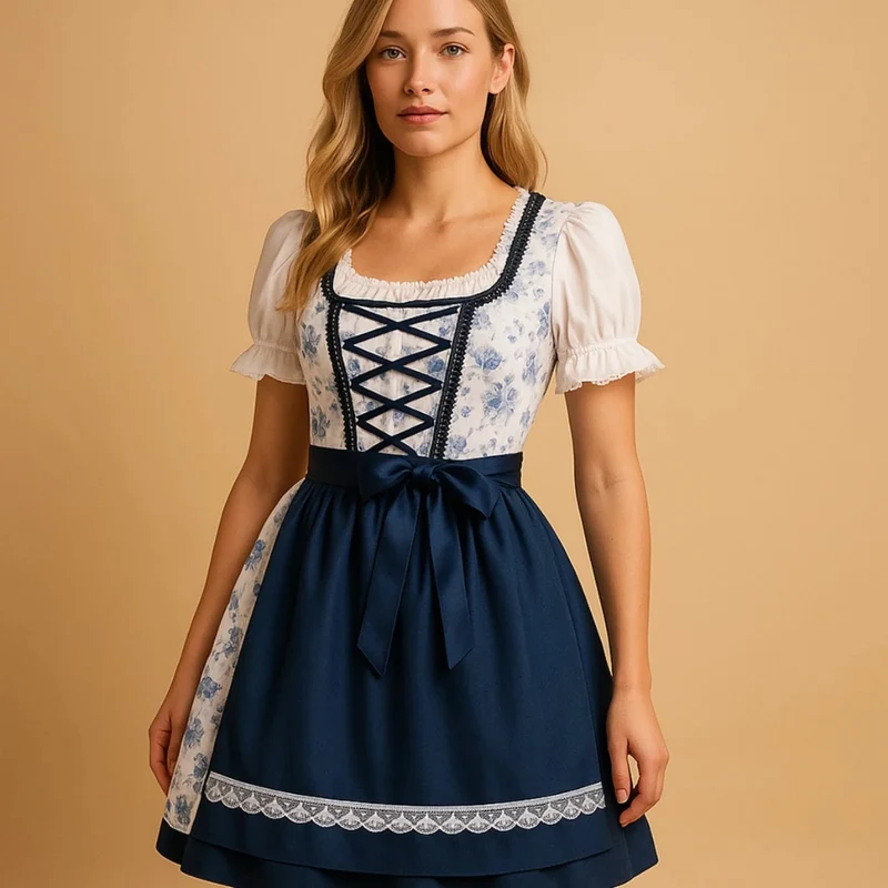 Lisbeth | Damen Blau Weiß Oktoberfest Dirndl mit Rosen Design und Schleifen Akzent