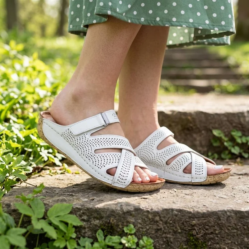 Leather Cut-Out Adjustable Strap Sandals - KARY43004 / 329 118 - White