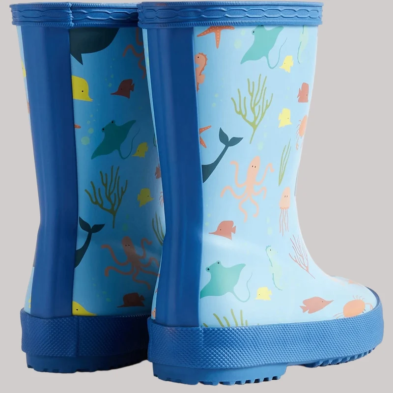 Hunter Kids First Klassischer Gummistiefel mit Ozeanmuster | Verstärkendes Blau Libellenblau