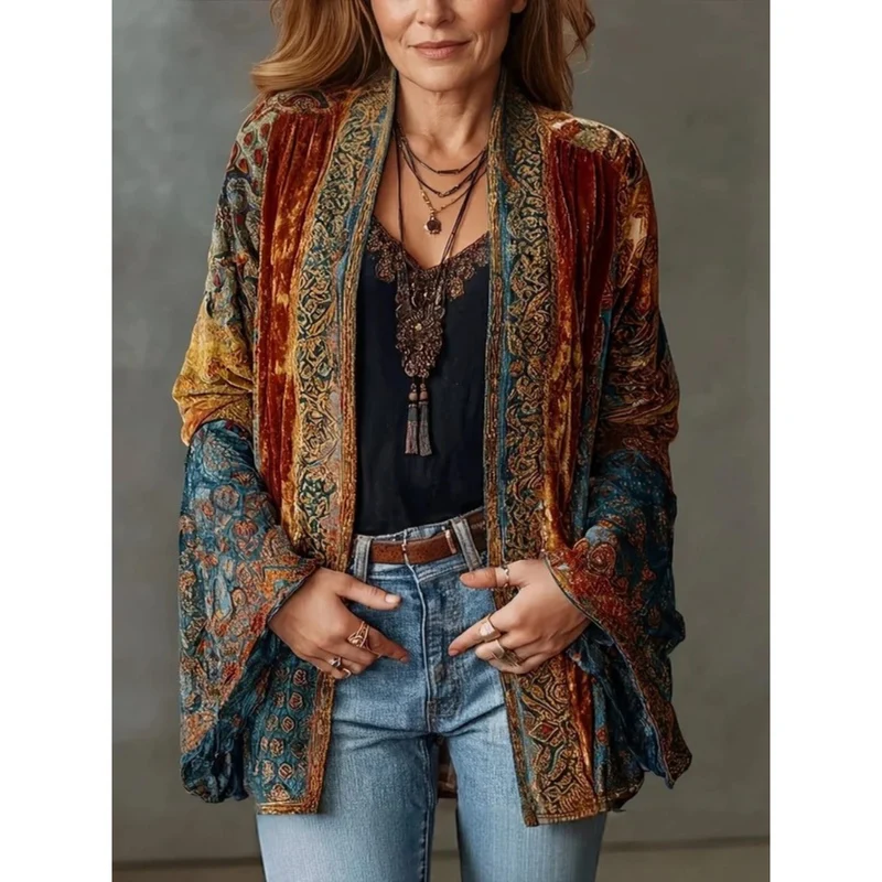 Philomena | Damen Braune Boho Jacke mit Blumenmuster