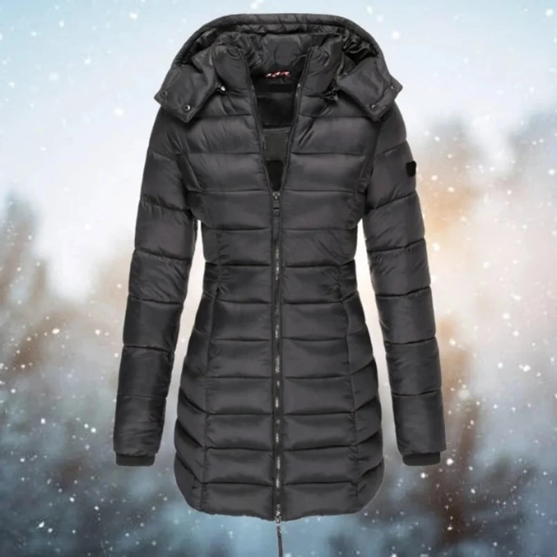 Marietta | Damen Lange Steppjacke mit Kapuze und Reißverschluss
