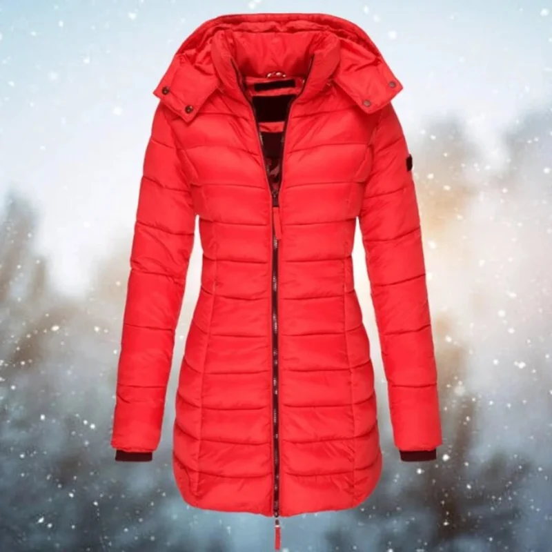 Marietta | Damen Lange Steppjacke mit Kapuze und Reißverschluss