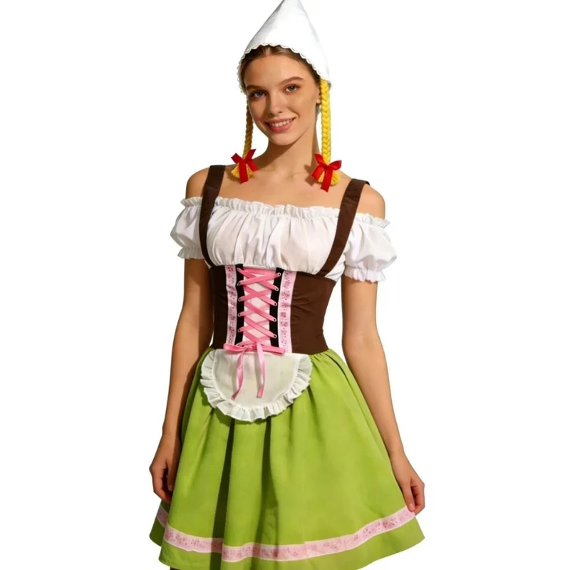 Rosamunde | Damen Grünes Oktoberfest Dirndl Mit Rosa Spitze Und Weißer Blusen Stil