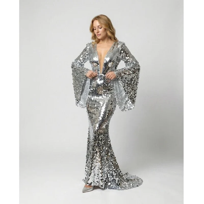 Nadja | Damen Silber Abendkleid Mit Pailletten, Party Design Und Glitzer Effekt