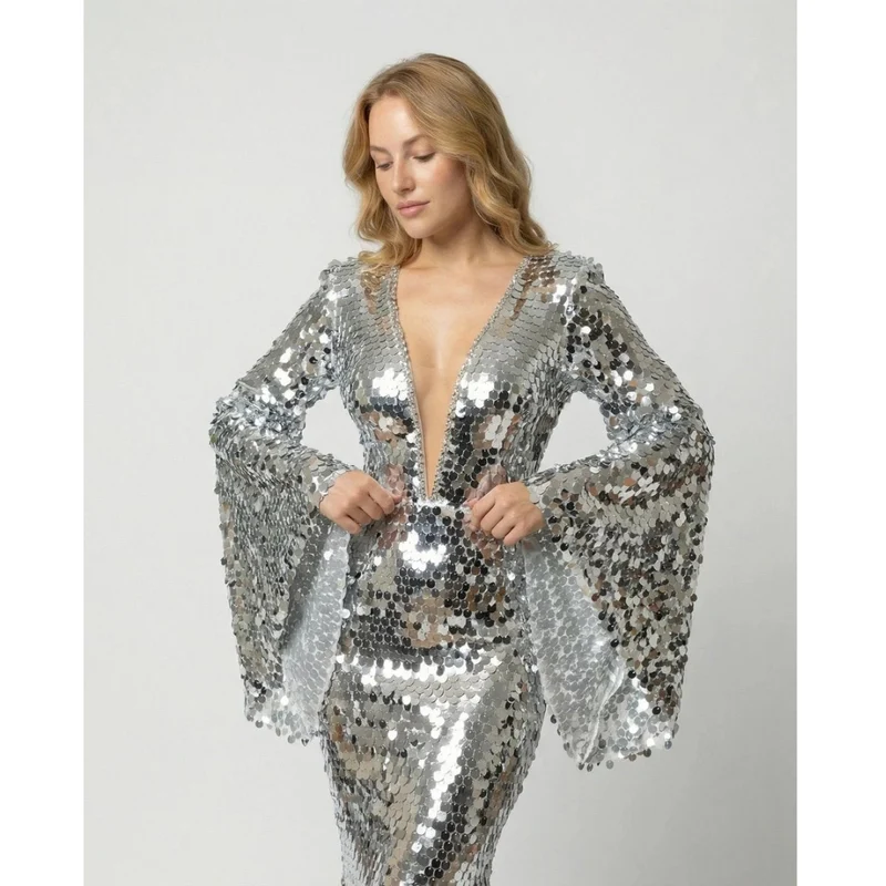 Nadja | Damen Silber Abendkleid Mit Pailletten, Party Design Und Glitzer Effekt