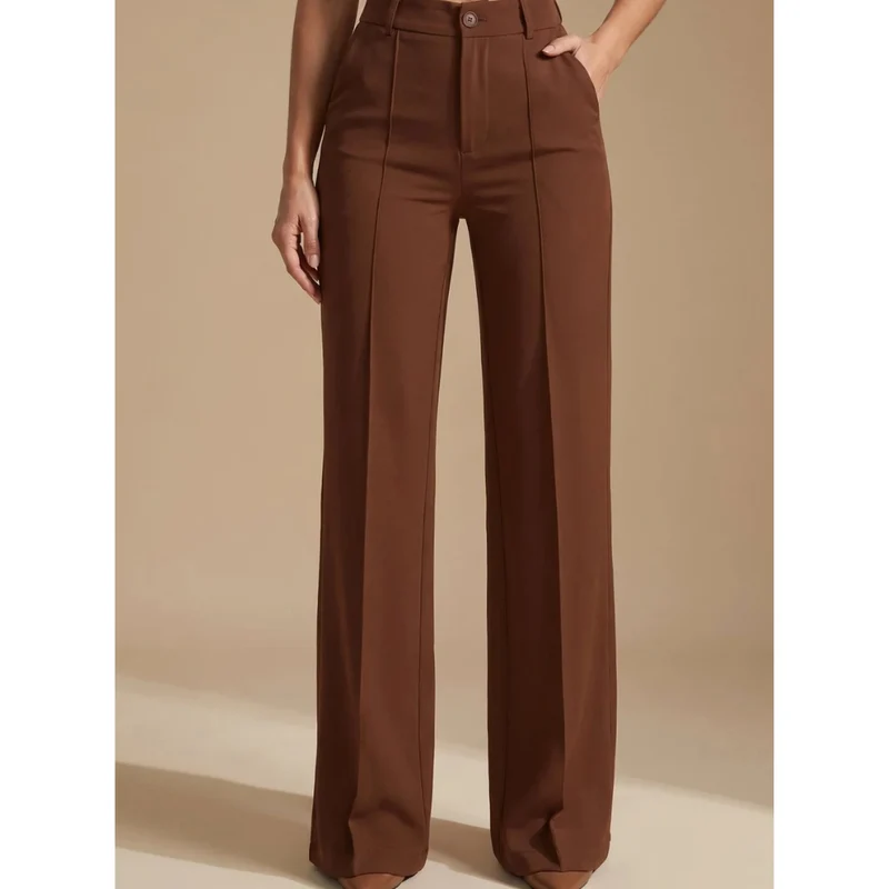 Clarissa | Damen Hose mit Hoher Taille, Weitem Bein und Knöpfen