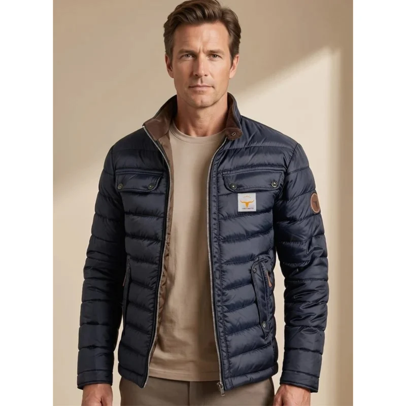 Julius | Herren Dunkelblaue Steppjacke mit Kragen, Reißverschluss und Bündchen