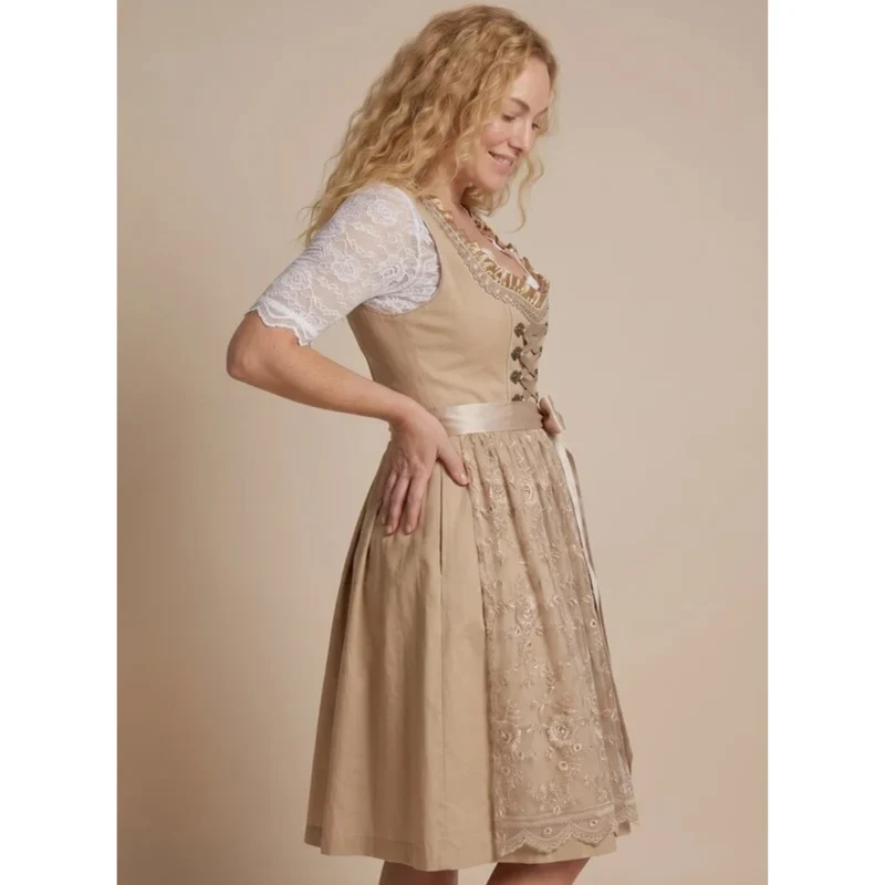 Henrike | Damen Beige Dirndl für Oktoberfest mit Spitzenbluse und Schleife