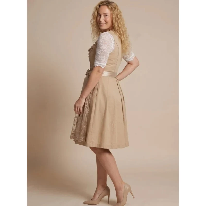 Henrike | Damen Beige Dirndl für Oktoberfest mit Spitzenbluse und Schleife