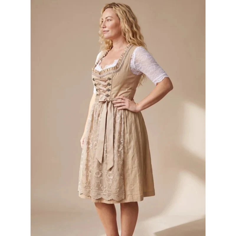 Henrike | Damen Beige Dirndl für Oktoberfest mit Spitzenbluse und Schleife