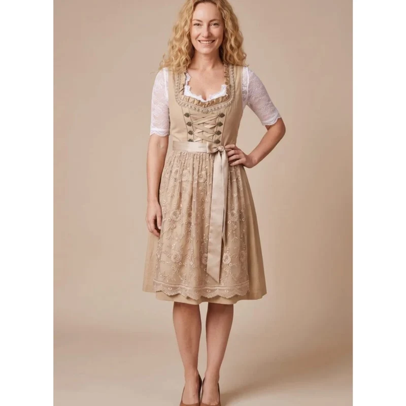 Henrike | Damen Beige Dirndl für Oktoberfest mit Spitzenbluse und Schleife