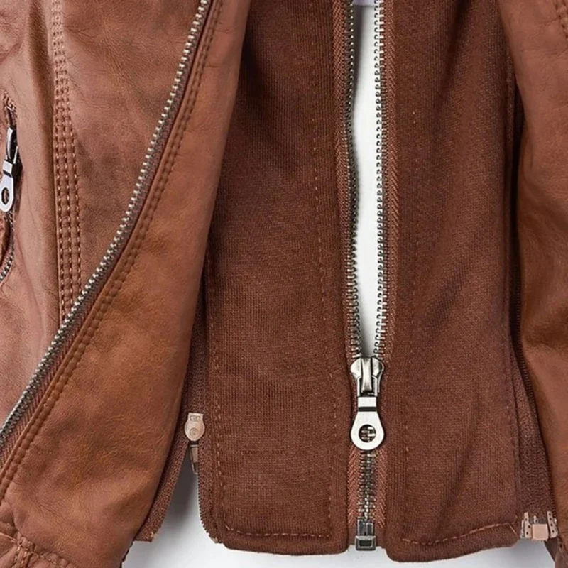 Nadine | Damen Kunstleder Bikerjacke mit Kapuze
