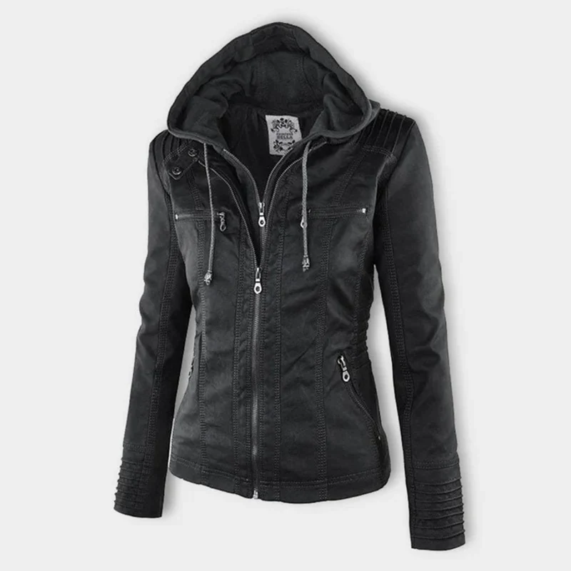 Nadine | Damen Kunstleder Bikerjacke mit Kapuze