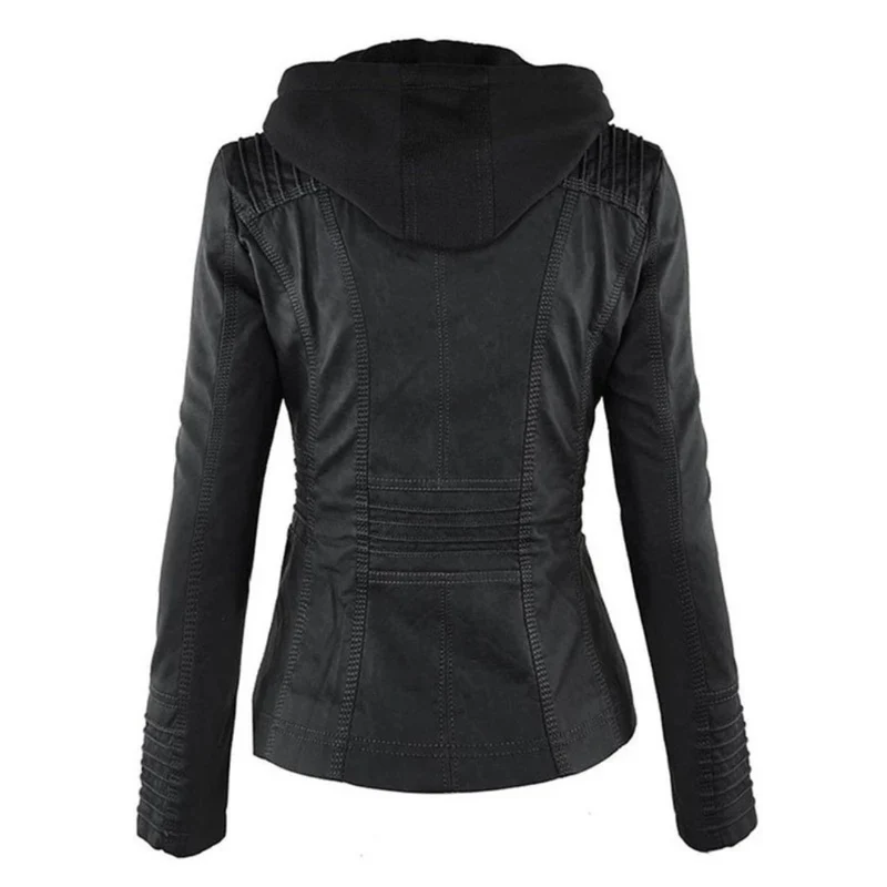 Nadine | Damen Kunstleder Bikerjacke mit Kapuze