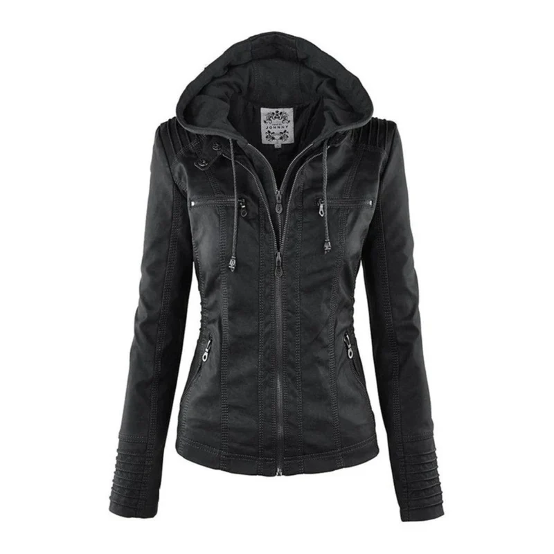 Nadine | Damen Kunstleder Bikerjacke mit Kapuze