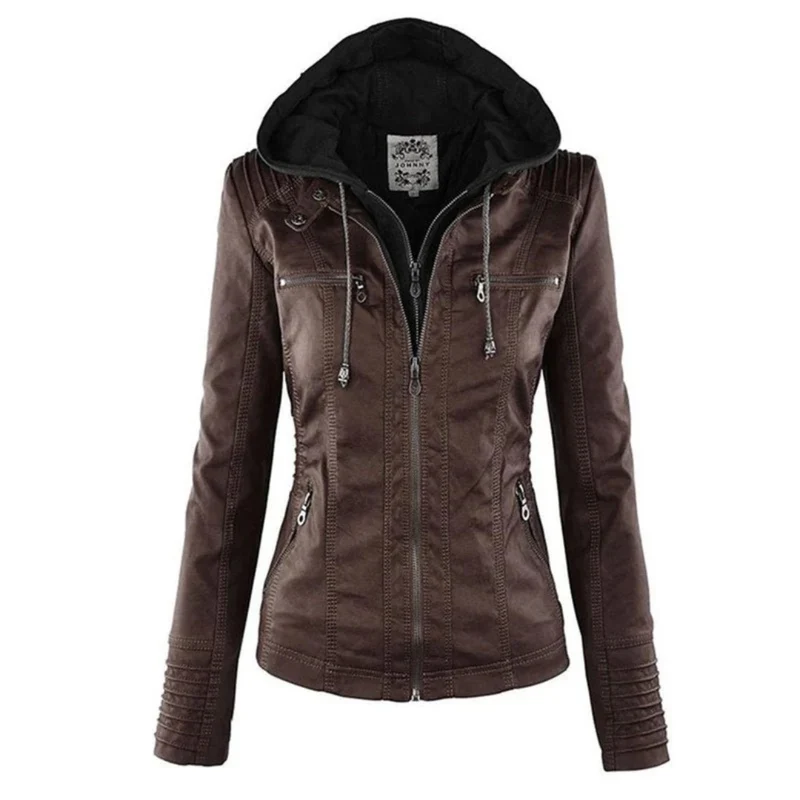 Nadine | Damen Kunstleder Bikerjacke mit Kapuze