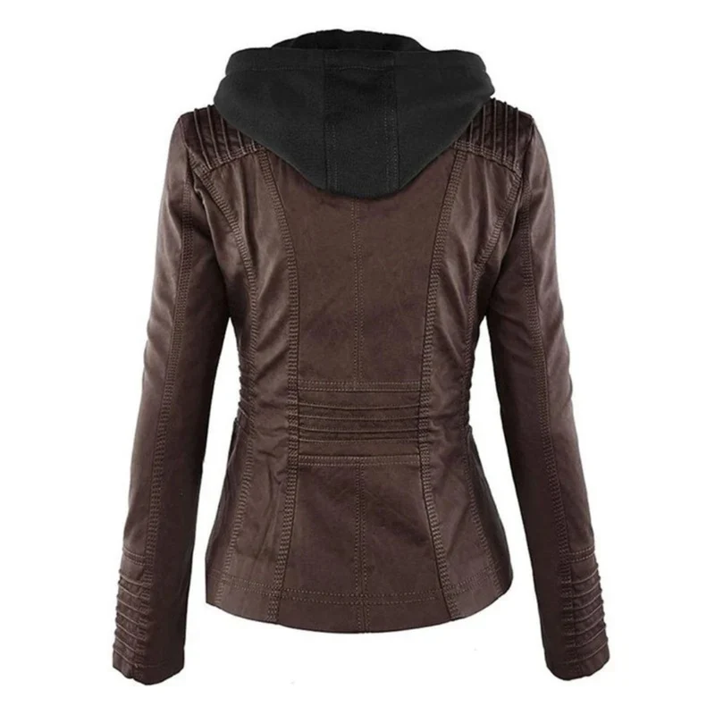 Nadine | Damen Kunstleder Bikerjacke mit Kapuze