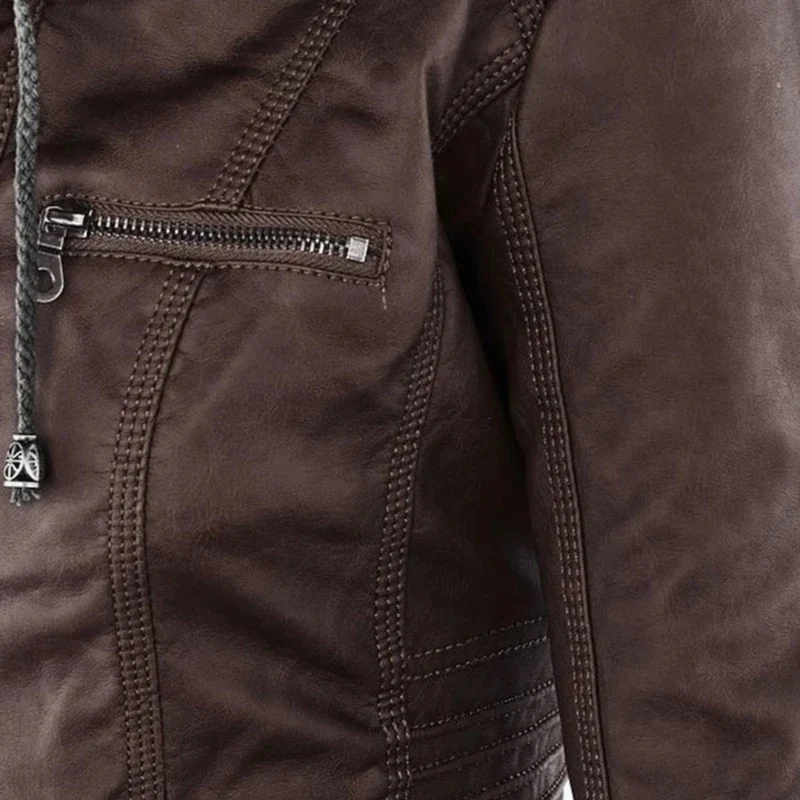 Nadine | Damen Kunstleder Bikerjacke mit Kapuze