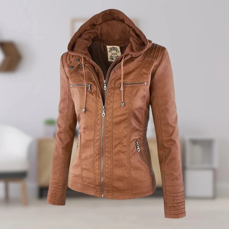 Nadine | Damen Kunstleder Bikerjacke mit Kapuze