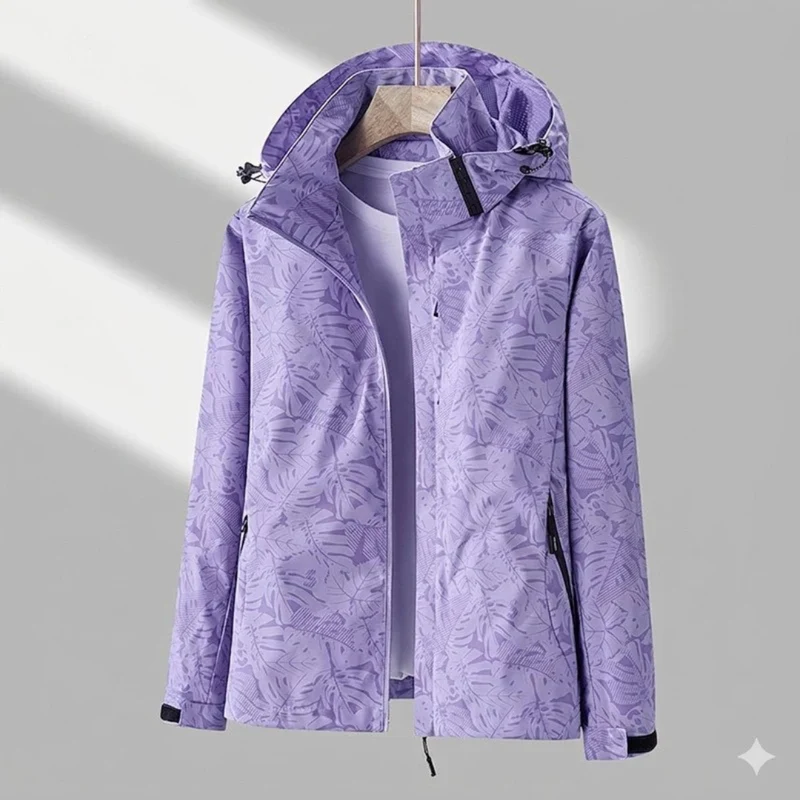 Miriam | Damen Wasserdichte Regenjacke mit Kapuze, Langer Schnitt und Muster Optik