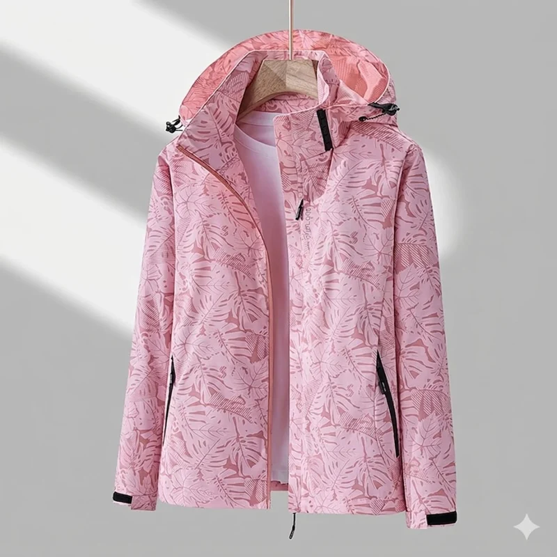 Miriam | Damen Wasserdichte Regenjacke mit Kapuze, Langer Schnitt und Muster Optik