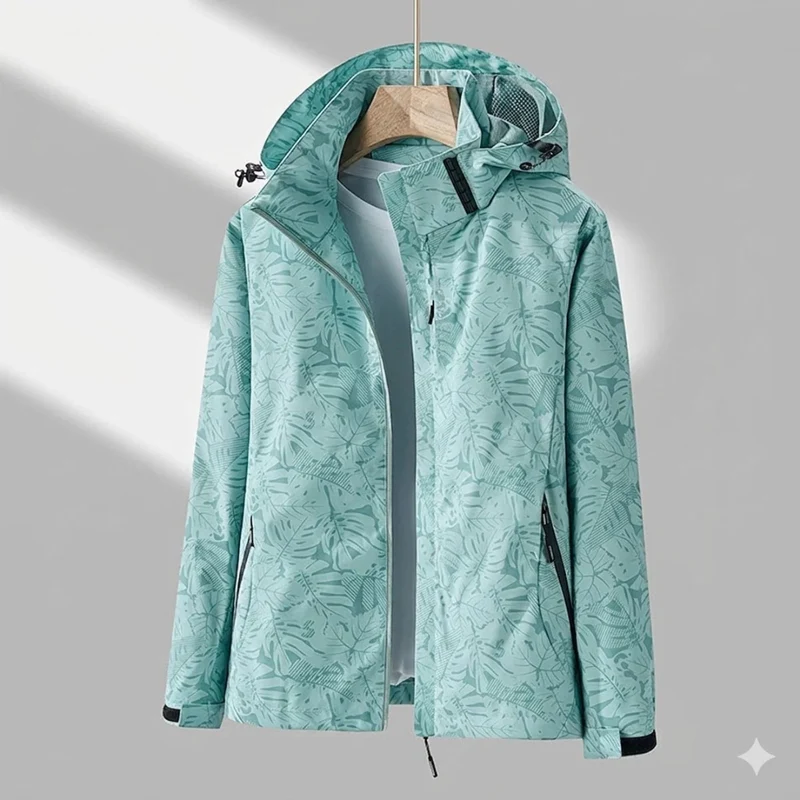 Miriam | Damen Wasserdichte Regenjacke mit Kapuze, Langer Schnitt und Muster Optik