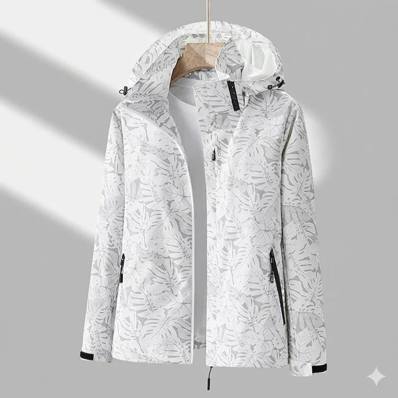 Miriam | Damen Wasserdichte Regenjacke mit Kapuze, Langer Schnitt und Muster Optik