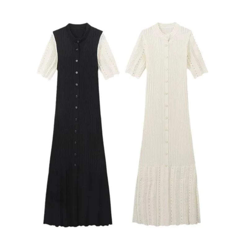 Adelina | Damen Strickkleid mit Maxi Länge, Knöpfen und Rippen Optik