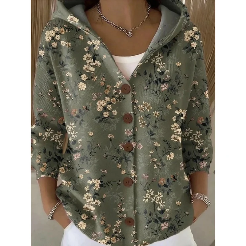 Eveline | Damen Strickjacke mit Kapuze, Knöpfen und Blumen Design