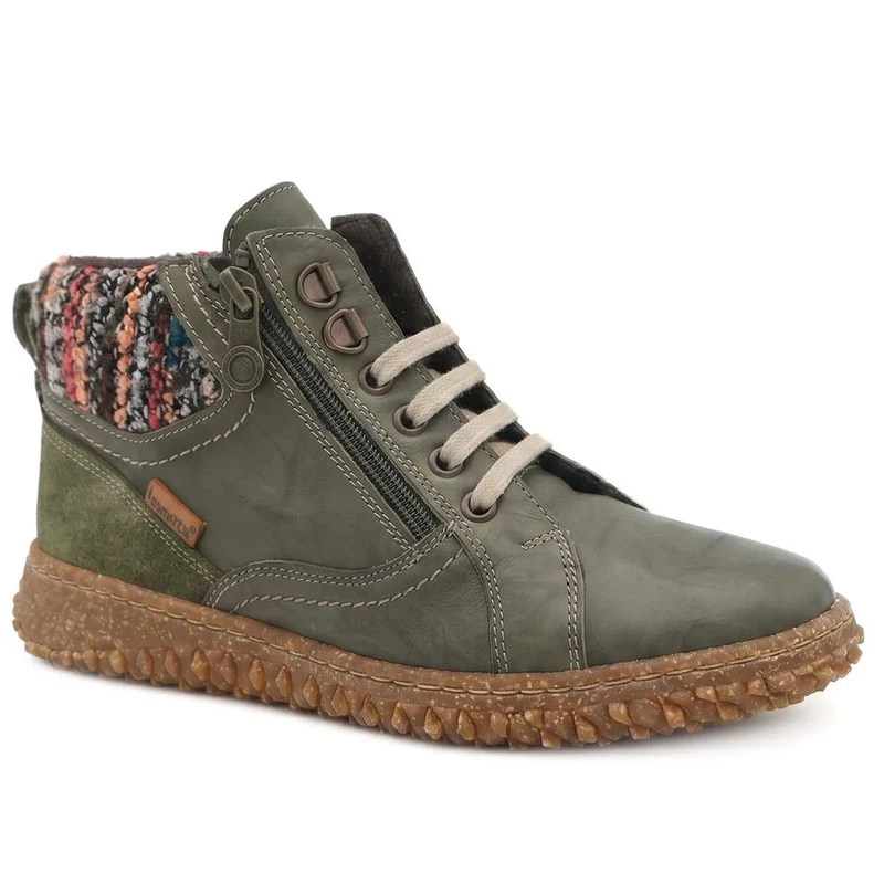 Loretta Zip & Lace Knitted Cuff Ankle Boots - HAK44000 / 329 615 - Olive