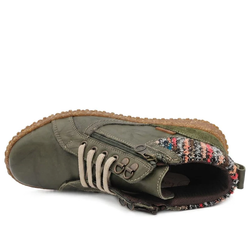 Loretta Zip & Lace Knitted Cuff Ankle Boots - HAK44000 / 329 615 - Olive