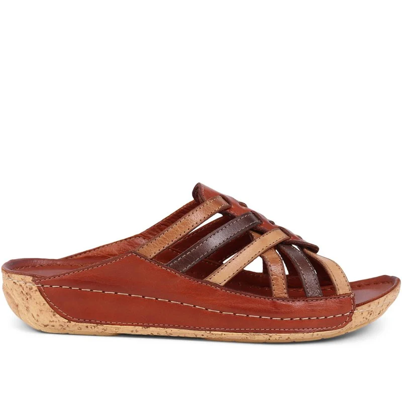 Leather Woven Wedge Mule Sandals - KARY39025 / 325 505 - Tan Multi