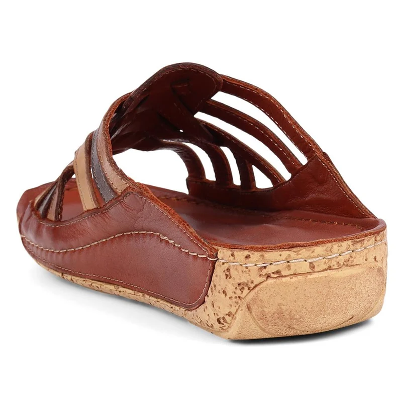 Leather Woven Wedge Mule Sandals - KARY39025 / 325 505 - Tan Multi