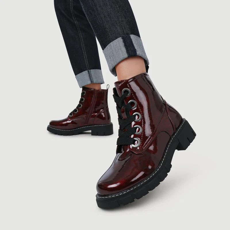 Wide-Fit Chunky Ankle Boots - WBINS42014 / 328 242 - Burgundy Patent