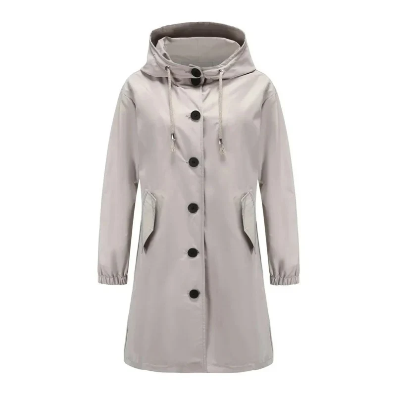 Karoline | Damen Regenjacke Wasserdicht mit Kapuze, Langer Mantel mit Taschen und Knöpfen