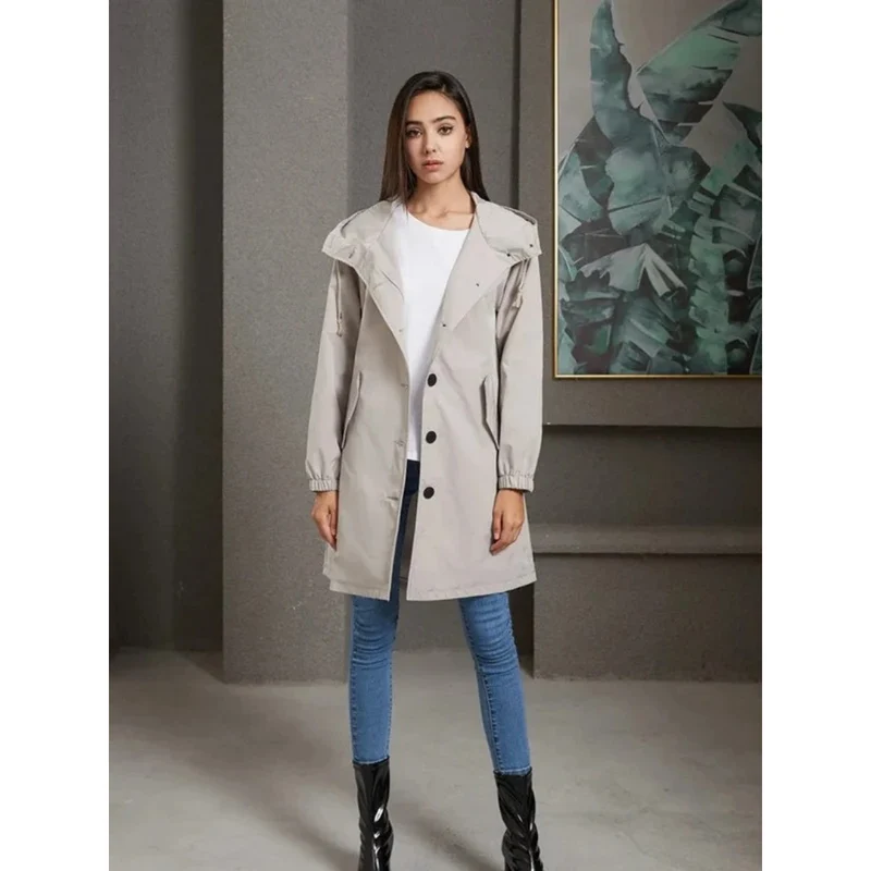 Karoline | Damen Regenjacke Wasserdicht mit Kapuze, Langer Mantel mit Taschen und Knöpfen